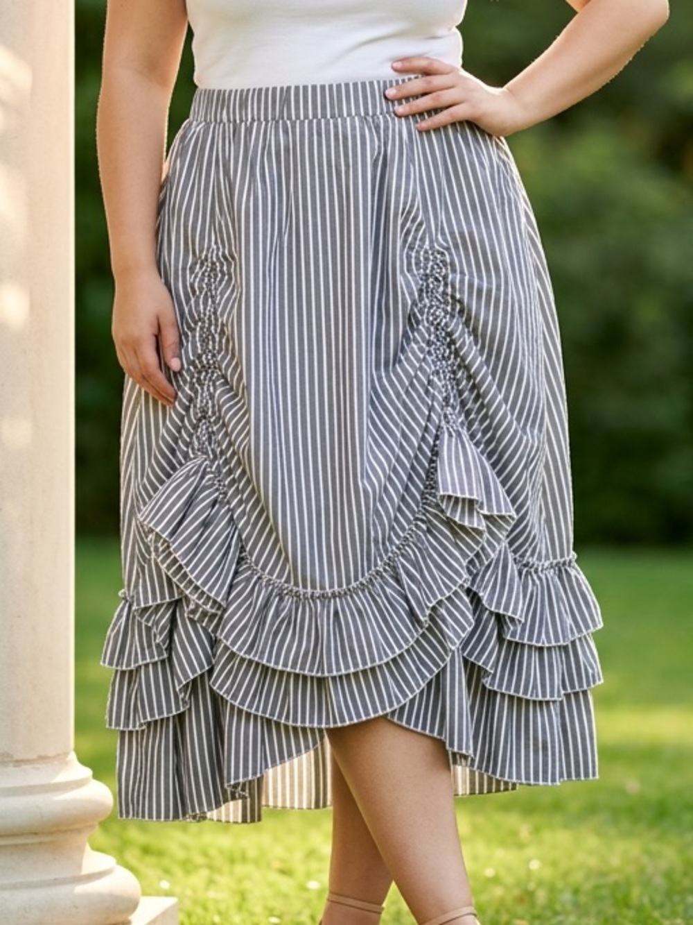 Striped Ruffle Midi Skirt - Gray/White